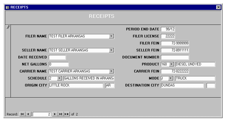 Arkansas Receipts Entry Form