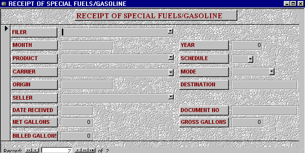 Indiana Receipts SPECIAL FUELS Entry Form