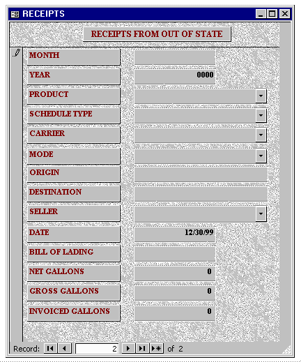 Tennessee Receipts SPECIAL FUELS Entry Form